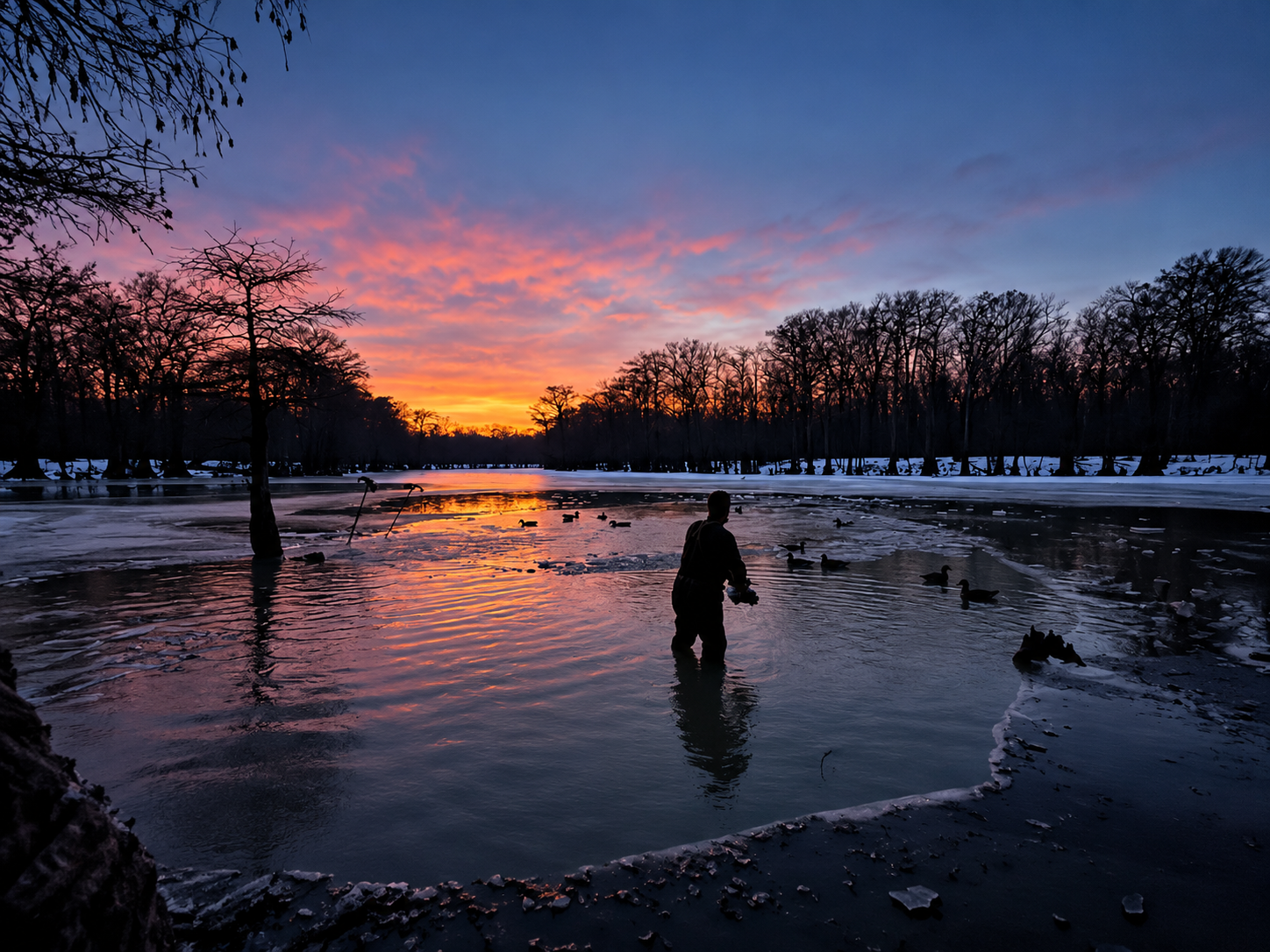 Hunter and ducks in a winter wetland with twilight reflected on the water